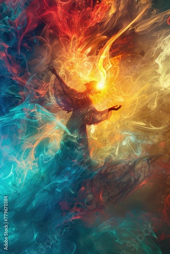 Ethereal Blaze: A Surreal Figure Embraced by Swirling Cosmic Flames