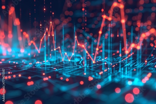 A vibrant blue and red background filled with intersecting lines and scattered dots  A scatter plot showing the correlation between market volatility and trade volume  AI Generated