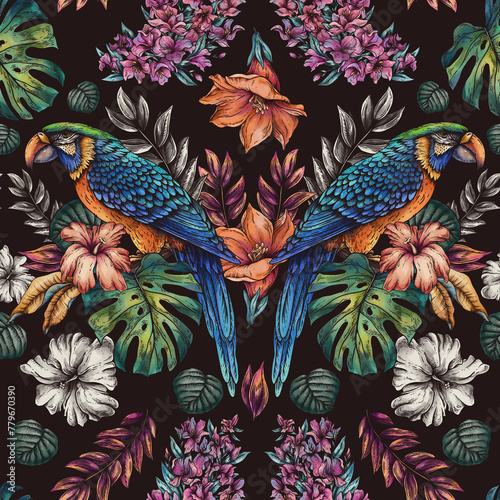 Vintage floral tropical bird parrot seamless pattern, summer vivid flowers texture (ID: 779670390)