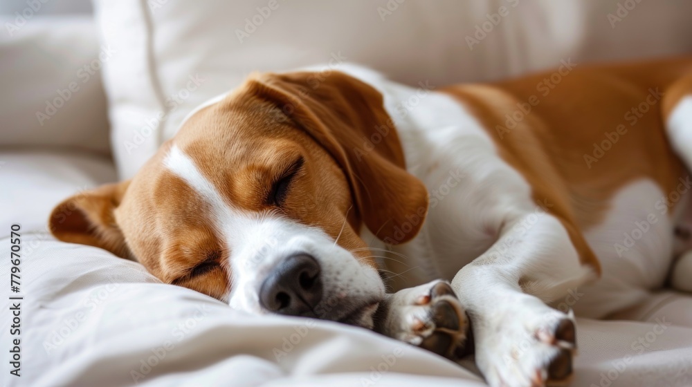 Serene Beagle Slumber: Peaceful Rest on a Soft White Sofa Generative AI Serene Beagle Slumber: Peaceful Rest on a Soft White Sofa Generative AI