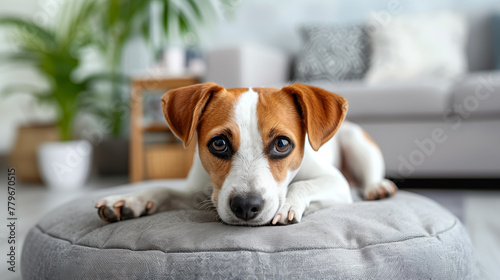 A Jack Russell Terrier lying on a cushion, looking at the camera with a room interior in the background. Generative AI