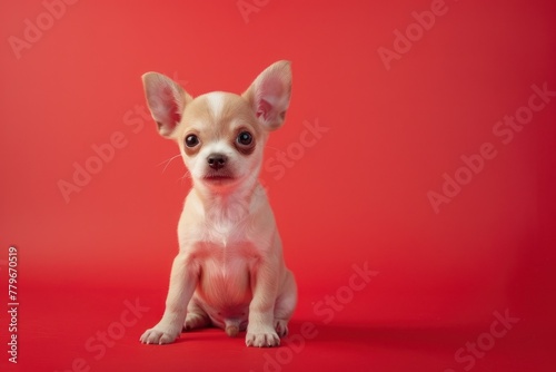 Tiny Chihuahua Puppy Making a Big Impression on Red Backdrop Generative AI © Gelpi