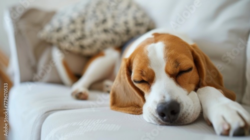 Serene Beagle Slumber: Peaceful Rest on a Soft White Sofa Generative AI