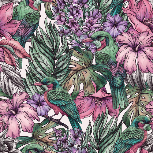 Vintage floral tropical bird seamless pattern, summer vivid flowers texture © depiano