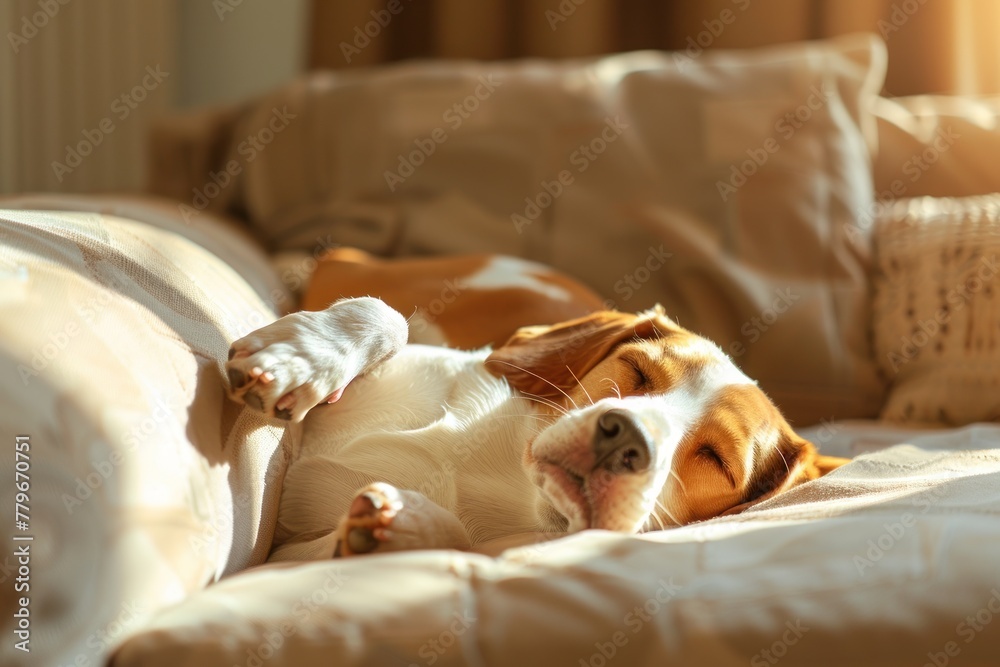 Obraz premium Slumbering Serenity: A Beagle's Peaceful Afternoon Nap Illuminated - Generative AI