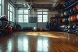 A large gym with hard wood floors and an array of exercise machines and equipment for a comprehensive workout, A school's gym filled with various sports equipment, AI Generated