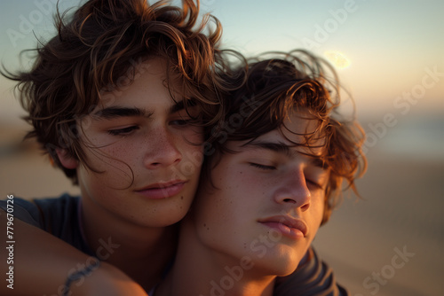 Youthful friendship and closeness at sunset. Generative AI image