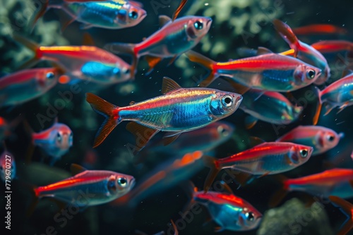 A multitude of fish swimming together in an aquarium, creating a mesmerizing display of underwater motion and color, A school of neon tetra fish swimming in dark waters, AI Generated photo