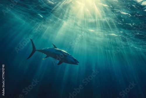 Ocean dwelling tuna species like bluefin tuna including Thunnus thynnus Atlantic bluefin northern bluefin or giant bluefin can be seen swimming und photo