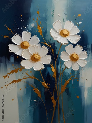 Golden Petals: Abstract Oil Painting with Palette Knife, White Flowers and Gold Accents on Blue Background
