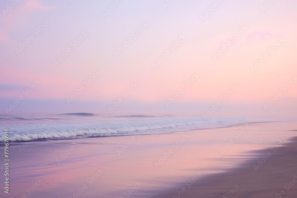 A beach with powerful waves crashing onto the shore, creating a dynamic scene, A serene beach at dawn with pastel hues, AI Generated