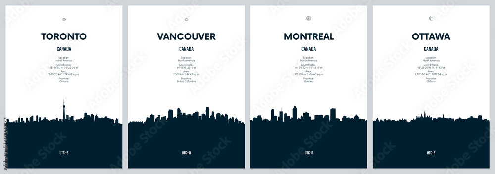 Naklejka premium Travel vector set with city skylines Toronto, Vancouver, Montreal, Ottawa detailed city skylines minimalistic graphic artwork