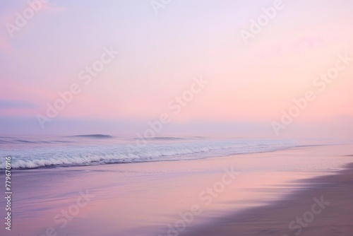 A beach with powerful waves crashing onto the shore, creating a dynamic scene, A serene beach at dawn with pastel hues, AI Generated photo