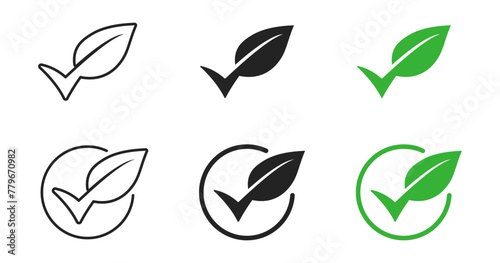 Leaf checkmark icon. Organic tick symbol. Ecology approved check mark. Natural emblem isolated illustration.