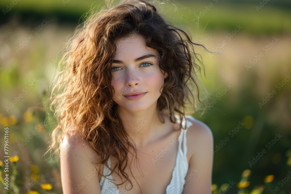 Young woman with curly hair in natural setting. Generative AI image Young woman with curly hair in natural setting. Generative AI image