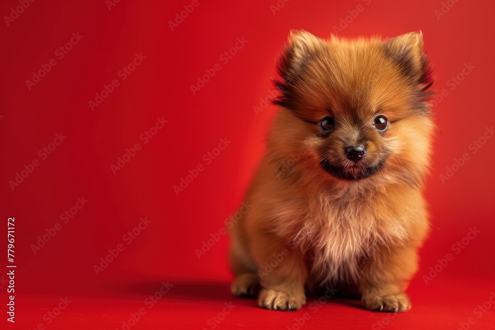 Obraz premium Charming Pomeranian Puppy's Portrait Against a Bold Red - Generative AI