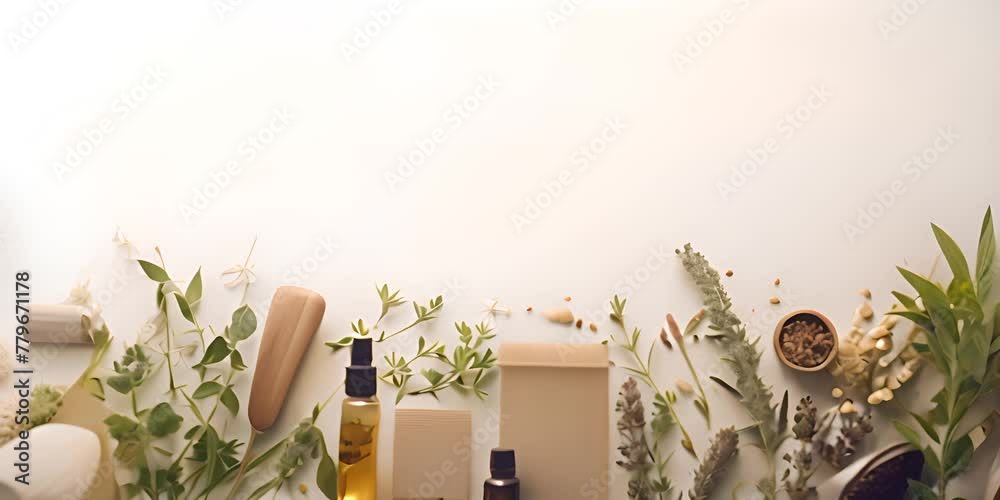 Hair cosmetic banner. Hair care card with shampoo bottle, combs, oil, hande made hair mask and herbs on white background with copy space. Soft image style. 4K Video