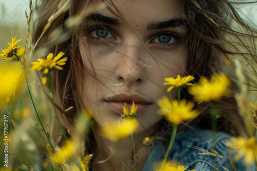 Youthful beauty amidst wild dandelions. Generative AI image