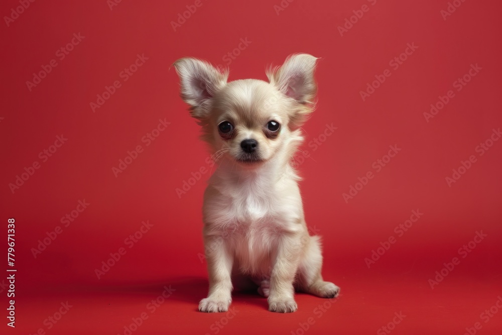 Tiny Chihuahua Puppy Making a Big Impression on Red Backdrop Generative AI