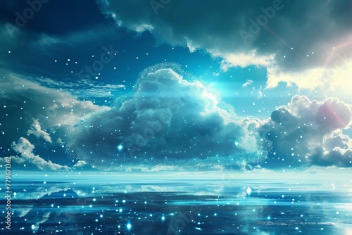 Blue Sky Filled With Clouds and Stars, A serene image of a 'Data Cloud' with streaming bits and bytes, AI Generated
