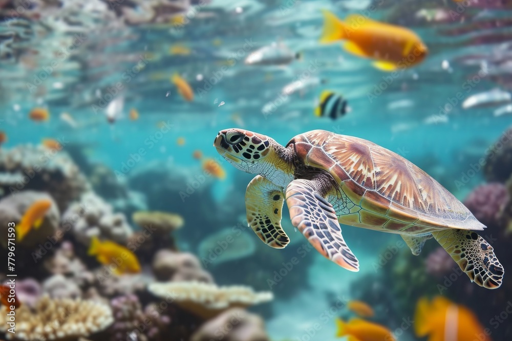 Obraz premium A turtle gracefully swimming in the ocean amidst a school of fish, A serene sea turtle swimming among a group of colorful tropical fish, AI Generated