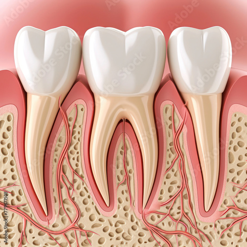 Dental anatomy illustration showing healthy teeth cross-section. Generative AI image photo