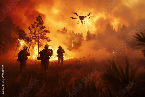 Firefighters advance through dense smoke as a drone hovers above, orchestrating aerial fire extinguishing efforts. Generative AI photo