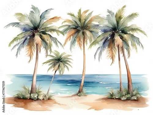 Tropical Tranquility: Watercolor Palm Trees on Beach with Ocean Background


