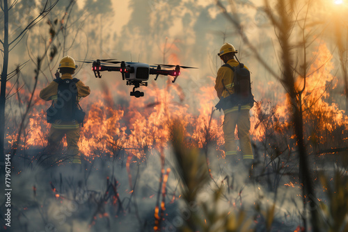 Firefighters, clad in protective gear, coordinate with a flying drone to combat a severe wildfire, encapsulated by smoke and flames. Generative AI
