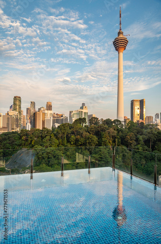 Photography Kuala Lumpur cityscape,with KL Tower,viewed from rooftop swimming pool,Malaysia