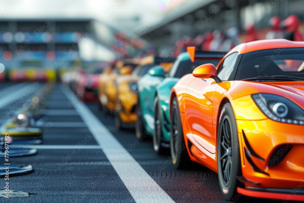 Several cars zooming down a race track, showcasing the excitement and speed of motorsport, A set of sports cars lined up at the start line, ready for the race to begin, AI Generated