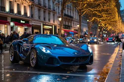 A blue sports car is parked on the side of the road, its sleek design catching the eye of passersby, A shiny, blue sports car cruising the streets of Paris, AI Generated photo