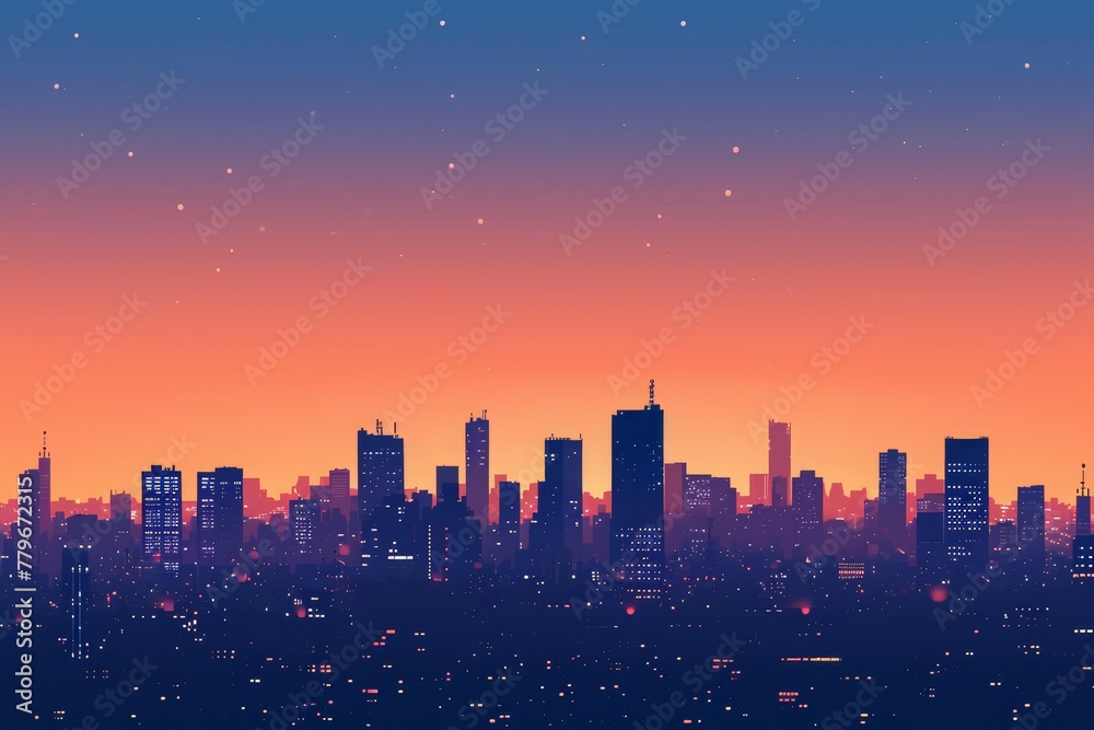 The photo captures the mesmerizing city skyline at night, showcasing the towering skyscrapers and vibrant lights, A simplistic representation of a city skyline at dusk, AI Generated