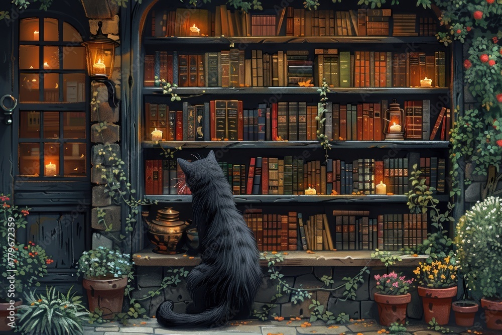 A cozy mystery bookstore run by a clever cat detective, for a mystery novel series or bookshop promotion. - obrazy, fototapety, plakaty 