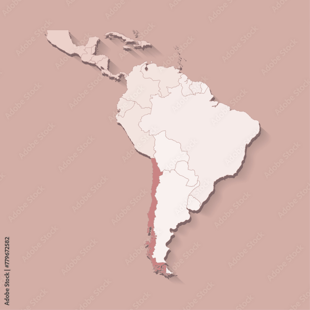 Vector illustration with South America land with borders of states and marked country Chile. Political map in brown colors with regions. Beige background