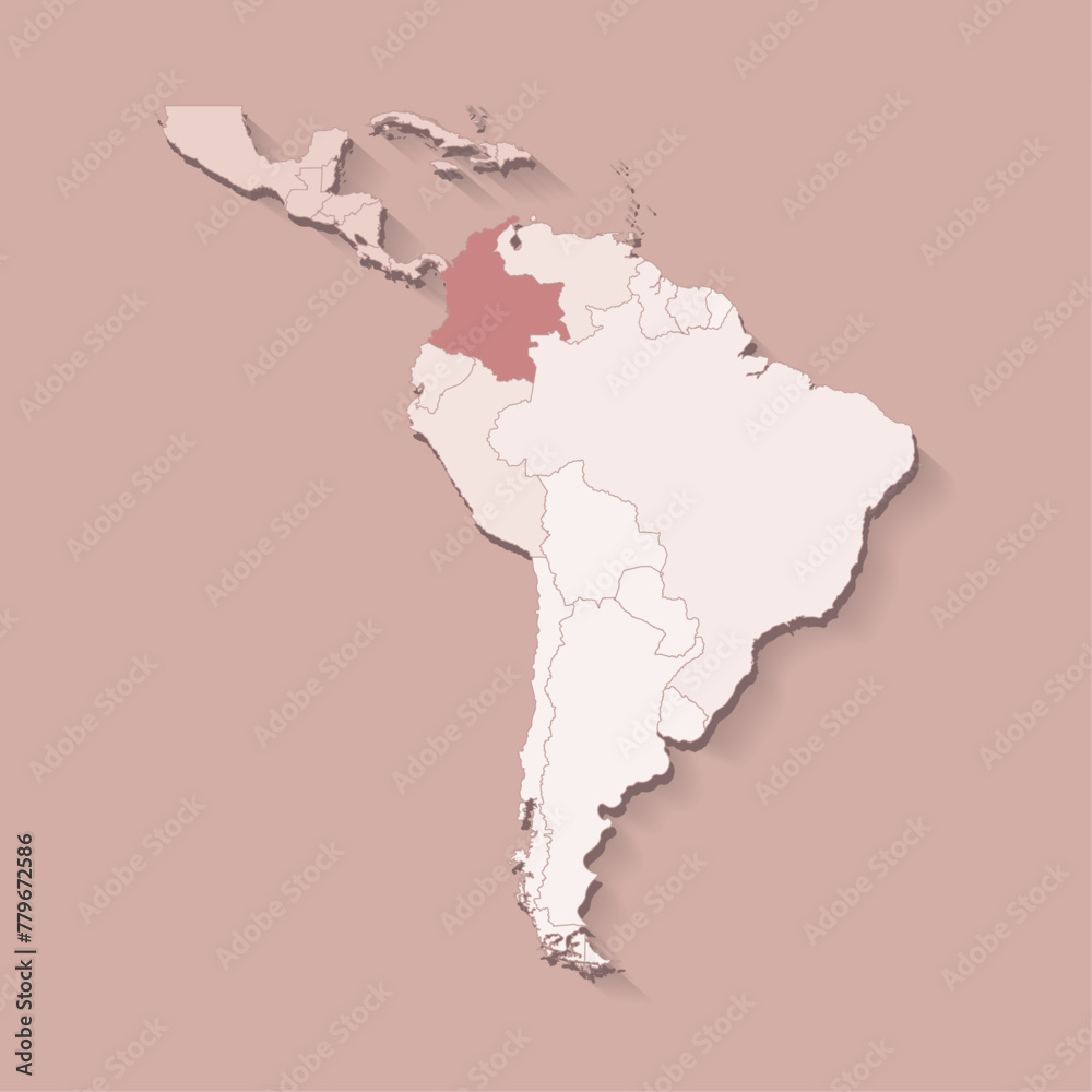 Vector illustration with South America land with borders of states and marked country Colombia. Political map in brown colors with regions. Beige background