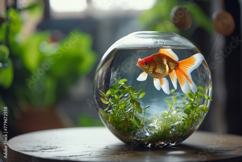 This photo features a goldfish swimming inside a fish bowl placed on a table, A single goldfish in a fishbowl with plants and decorations, AI Generated photo