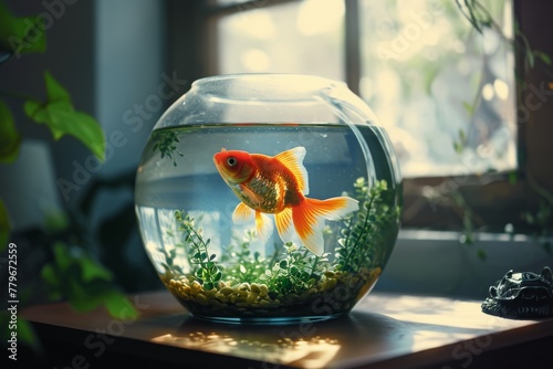 A goldfish is seen in a bowl placed on a table  A single goldfish in a fishbowl with plants and decorations  AI Generated