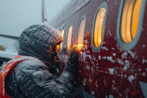 Aircraft de-icer working on a commercial airplane during a snowstorm, ensuring flight safety in extreme weather conditions. photo