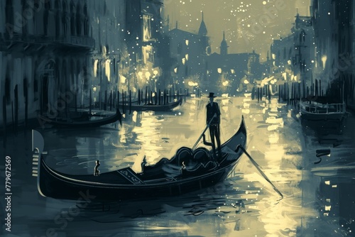 This painting depicts a man standing on a boat as it navigates through a canal, A sketch of an Italian gondola on the Venice canal, with distant city lights, AI Generated