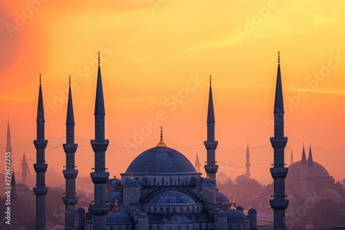 Majestic Sunset View of a Grand Building With Multiple Spires, A skyline featuring minarets and domes, representing the architectural beauty of mosques, AI Generated