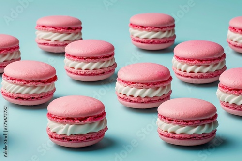 Row of delicious pink and white macarons arranged on a blue background, sweet and colorful dessert assortment