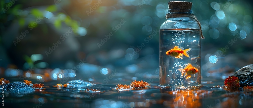 A bottle filled with water and fish swimming inside. Concept Aquarium, Fish Tank, Underwater Scene, Water Bottles, Marine Life A bottle filled with water and fish swimming inside. Concept Aquarium, Fish Tank, Underwater Scene, Water Bottles, Marine Life
