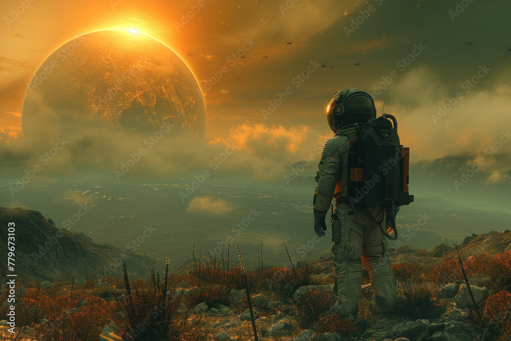 Astronaut in space suit standing in field Astronaut in space suit standing in field