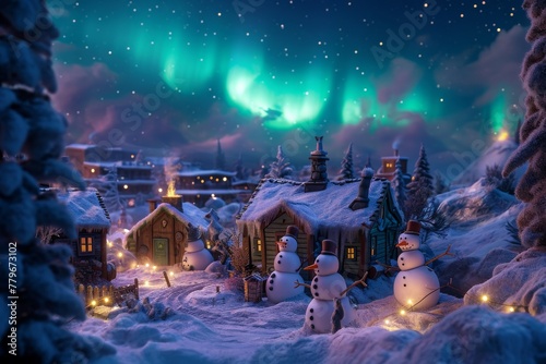 A festive Christmas scene featuring snowmen illuminated by vibrant aurora lights in a snowy landscape, A sleepy snowman village under the aurora borealis night sky, AI Generated