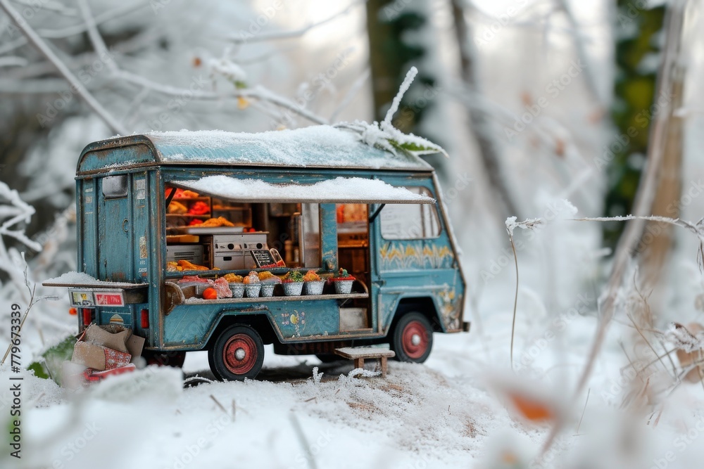 A small-scale food truck is parked in a snowy landscape, A small food truck in a winter landscape, AI Generated