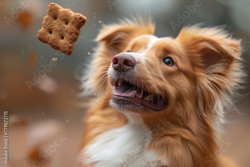 Brown and white dog holding cracker in mouth photo