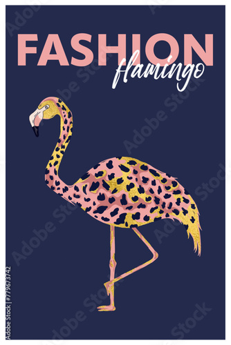 Wall decor in minimalistic style. Poster with pink flamingo in trendy leopard print style. Fashion flamingo art in modern boho style.