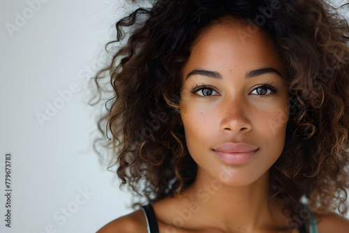 Close up portrait of young beautiful Haitian Dominican woman isolated on a white background