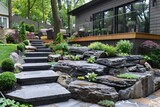 Elevated rock garden leading to house